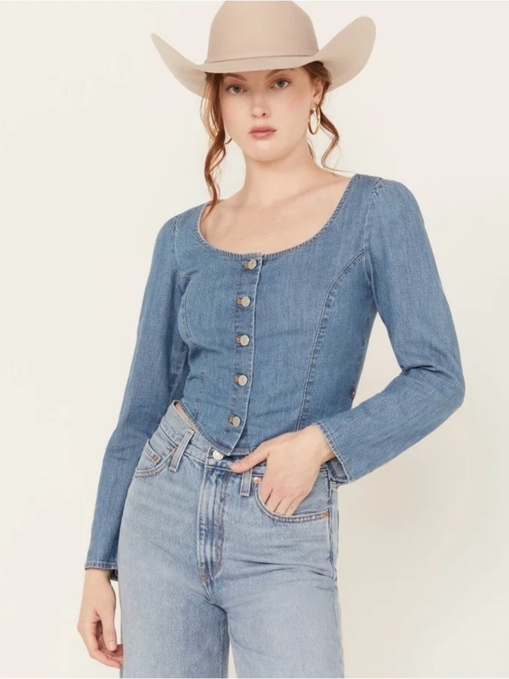 Levis Women’s Daryn Blue Denim Scoop Neck Button-Front Long Sleeve Corset Top M